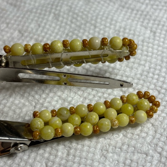 Hand crafted set hair clips wrapped with genuine yellow jade stones 2 inches - Picture 3 of 5